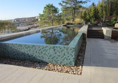 Modern backyard with a rectangular reflective swimming pool and mosaic tiling, surrounded by a landscaped garden with pebbles and plants.