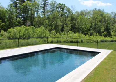 Outdoor rectangular swimming pool built by a leading pool company, featuring clear blue water and a surrounding concrete deck, set against a backdrop of green trees under a sunny sky.