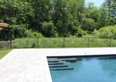 Modern backyard crafted by a leading pool company, featuring a rectangular swimming pool, patio, and glass fence overlooking trees.
