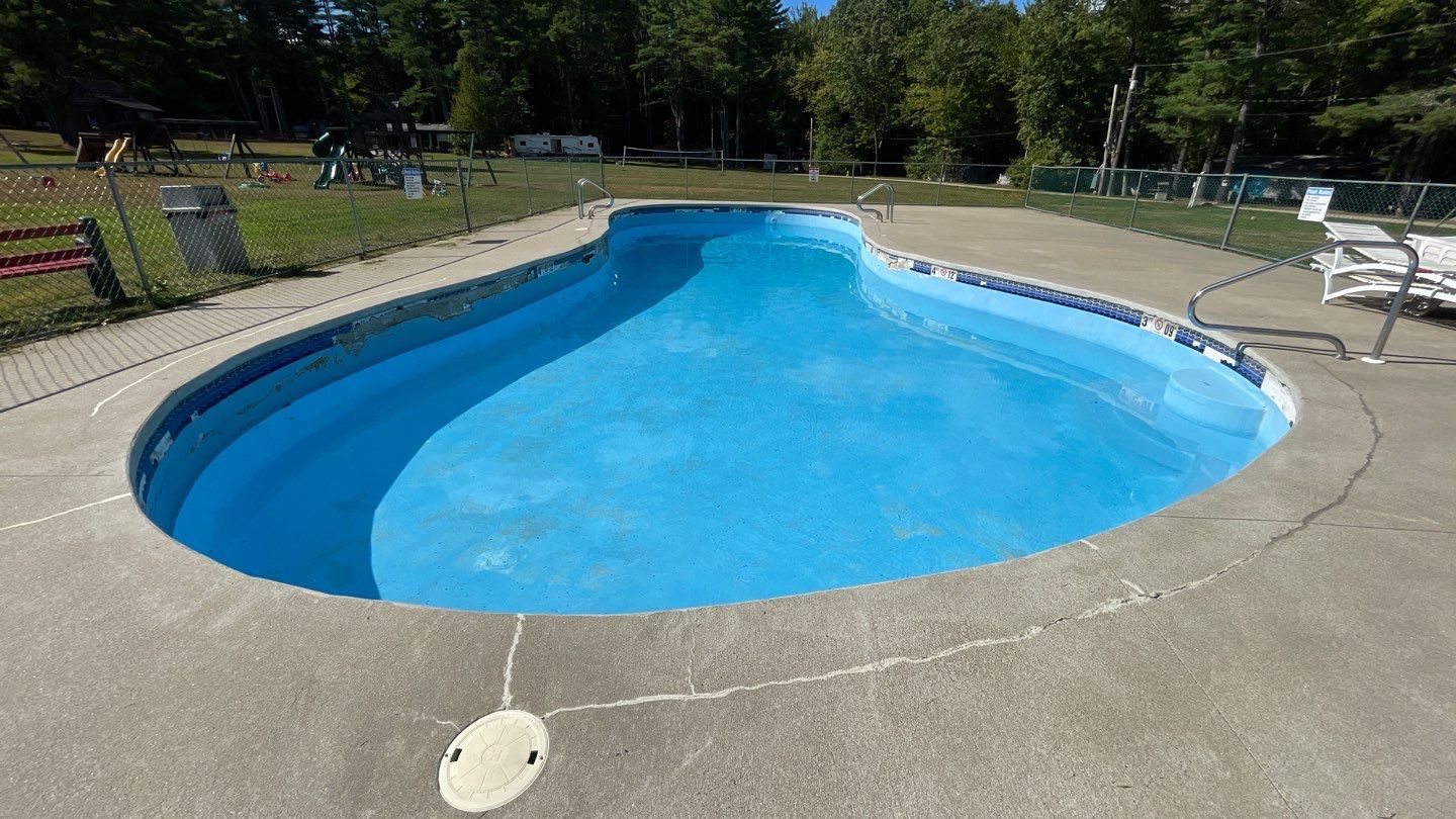 1 An outdoor swimming pool with low water level, surrounded by a concrete deck and enclosed by a chain-link fence, with trees and grassy area in the background.
