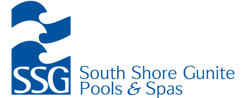 Blue and white logo featuring wave shapes, the initials "SSG," and the text "South Shore Gunite Pools & Spas.